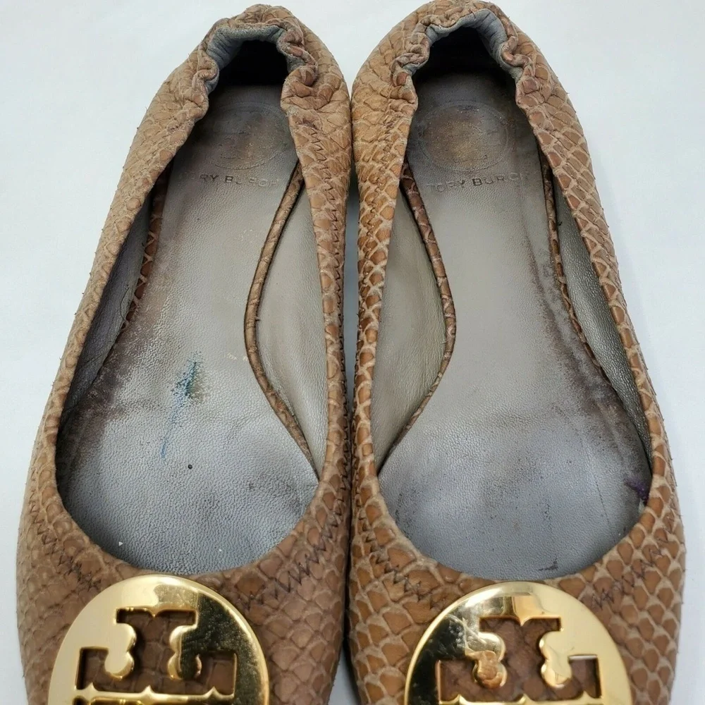 TORY BURCH Brown Reva Ballet Flat Snake Skin Leather Women's Sz 6.5 M